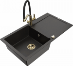 Granitinė virtuvinė plautuvė Mexen Leo su mai&scaron;ytuvu ir sifonu, Metallic juodas/auksinis+Juodas/Gold