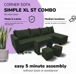 Meb & Podrez Didelis kampinis sofos komplektas su staliuku ir pufais Simple XL St Combo, Turkiu žalia