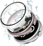 3 vandeniui atsparių dėklų rinkinys su ekrano apsauga, skirtas Google Pixel Watch 3 2 1 dėklui 41 mm/3 45 mm dėklui, kietas pc apsauginis dangtelis su grūdintu apsauginiu stiklu, visapusi&scaron;ka apsauga, skirta Pixel Watch 3 2 (skaidrus, sidabrinis, rožinis)
