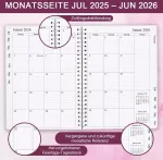 Kalendorius 2025-2026, A5 savaitinis planuotojas su mėnesio skirtukais, 2025 m. liepos &ndash; 2026 m. birželio mėn., dienora&scaron;tis 2025-2026 su elastine juostele, dviguba vieline spirale, lengva kasdienio gyvenimo organizacija, 14,8 x 21 cm, planuotojas 25-26
