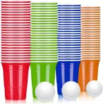 Latern rinkinys: 100 daugkartinio naudojimo plastikinių puodelių, 480 ml alaus pong'o puodelių rinkinys su 25 raudonais, 25 mėlynais, 25 žaliais, 25 oranžiniais puodeliais, 10 stalo teniso kamuoliukų žaidimams kalėdoms ir naujiesiems metams