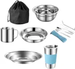 Lauko stovyklavimo stalo įrankių rinkinys, nerūdijančio plieno indų matavimo rinkinys su lėk&scaron;te, dubeniu, puodeliu, &scaron;auk&scaron;tu, &scaron;akute, peiliu tinklelio ki&scaron;enėse, skirtas stovyklavimui, kelionėms su kuprine, kelionėms lauke