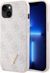 Guess PU 4G Strass Triangle Metal Logo dėklas skirtas Apple iPhone 15 rožinės spalvos