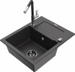 Granitinė virtuvinė plautuvė Mexen Enzo su mai&scaron;ytuvu ir sifonu, Juodas granite+Juodas/Chrome