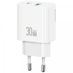 Laidinis įkroviklis USAMS CC316 T65 30W 1xUSB-C 1xUSB-A Fast Charging baltos spalvos