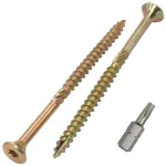 Skir'co (20 vnt.) universalūs cinkuoto plieno 4,5 x 70 mm geltoni medvaržčiai su įleidžiama torx galvute, 17 tipo medienos drožlių plok&scaron;tės varžtai (20, 4,5 x 70 mm)