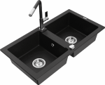 Granitinė virtuvinė plautuvė Mexen Mario su mai&scaron;ytuvu ir sifonu, Juodas+Juodas/Chrome