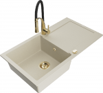 Granitinė virtuvinė plautuvė Mexen Leo su mai&scaron;ytuvu ir sifonu, rusvai gelsvas+Juodas/Gold