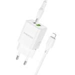Borofone Laidinis įkroviklis BN14 Royal GaN - USB + Type C - QC 3.0 PD 30W su Type C į Lightning kabeliu baltos spalvos
