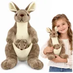 Lean Toys Plush Kangaroo Cuddly Toy with Joey &ndash; rusvai gelsvas, 30 cm