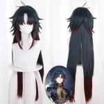 Amine žaidimo cosplay perukas, tamsiai žalias su raudonu, ilgi tiesūs perukai moterims, Helovinas, komiksų konventas, cosplay pasirodymų perukai