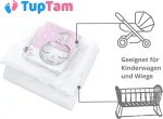Tuptam unisex vaiki&scaron;kas lovelės komplektas, 4 dalių patalynės komplektas su antklodės ir pagalvės užvalkalais, mėnulis su drambliu rožinis, dydis: 80 x 80 cm
