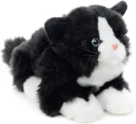 Uni-toys - katė su balsu (juodai balta), gulinti - 20 cm (ilgis) - pliu&scaron;inis kačiukas - pliu&scaron;inis žaislas, mink&scaron;tas žaislas