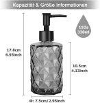 2 stikliniai muilo dozatoriai, juodi, 325 ml skysto muilo dozatorius su plastikine pompa, daugkartinio naudojimo rankų muilo dozatorius virtuvei, voniai, ploviklio dozatorius, &scaron;ampūno du&scaron;o želė dozatorius