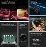 Oneplus Watch 2 su Wear Os 4, Snapdragon W5 mikroschema, iki 100 valandų baterijos veikimo laikas, 1,4 colio Amoled ekranas, nerūdijantis plienas ir safyro kristalas, dvigubo dažnio Gps, 5 Atm, Ip68 ir Bt skambučiai