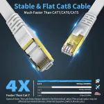 Kasimo Cat 8 lan kabelis 5 m plok&scaron;čias 40 gbitų / 2000 mhz - tinklo kabelis cat 8 gigabitinis - ethernet kabelis su paauksuotu rj45 jungiamuoju kabeliu, baltas