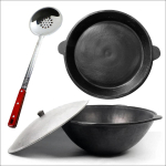 Uzbeki&scaron;kas poliruotas kazanas 12l (Namangan) apvalus dugnas +Ketaus dangtis-keptuvė +46cm kiaurasamtis