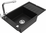 Granitinė virtuvinė plautuvė Mexen Elias su mai&scaron;ytuvu ir sifonu, Juodas+Chrome