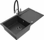 Granitinė virtuvinė plautuvė Mexen Leo su mai&scaron;ytuvu ir sifonu, Juodas granite+Juodas/Chrome