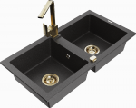 Granitinė virtuvinė plautuvė Mexen Mario su mai&scaron;ytuvu ir sifonu, Juodas granite+Gold