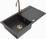 Granitinė virtuvinė plautuvė Mexen Leo su mai&scaron;ytuvu ir sifonu, Juodas granite+Gold
