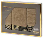 Rank&scaron;luostis Eurofirany Medvilninių rank&scaron;luosčių rinkinys dėžutėje, 3 dalys, 500g/m&sup2;, dekoratyviniai elementai, 30x50 cm, 50x90 cm, 70x140 cm, smėlio spalva, vonios tekstilė