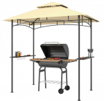 "Outsunny" BBQ pavėsinė su LED 240 x 150 x 258 cm vandens nepraleidžianti liepsnai atspari sodo pavėsinė su dvisluoksniu stogu, &scaron;oninėmis lentynomis, pavėsinės su apsauga nuo UV spindulių, BBQ pavėsinė vakarėliams BBQ rusvai gelsvas