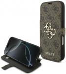 Guess Book 4G Metal Logo dėklas skirtas Apple iPhone 17 Pro rudos spalvos