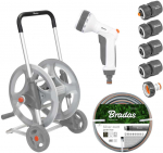 Žarnos vežimėlis su žarna ir priedais Bradas Baltas LINE Sidabrinis PRO SET, 1/2 30m