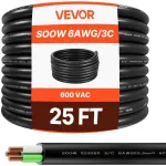 Sunkiųjų elektros instaliacijų kabelis, 6 AWG varinis laidas, CPE guminis apvalkalas, 7.62 m, lankstus, pramoninis, lauko sąlygoms, maitinimo laidas, guminis kabelis