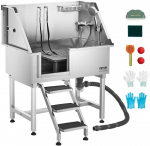 Nerūdijančio plieno &scaron;unų maudymo vonia su laiptais ir mai&scaron;ytuvu, 96.5 cm, kairės durys, profesionali gyvūnų plovimo stotis, &scaron;unų prausimo vonia, augintinių SPA