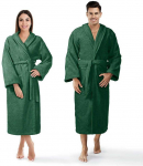 Medvilninis kilpinis chalatas, unisex vie&scaron;bučio stiliaus chalatas, 450 g/m&sup2; tankis, ilgis iki kelių su ki&scaron;enėmis, butelio žalumo spalva, mink&scaron;tas vonios chalatas