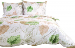 Medvilnės flanelės patalynės komplektas 220x200 cm, &scaron;iltas ir mink&scaron;tas, su lapų ra&scaron;tu, balta smėlio žalia, 2 pagalvių užvalkalai, flanelinė patalynė miegamajam