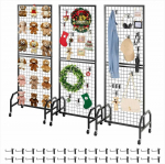 Tinklelio sienelės rankdarbių parodoms ir dekorui, mobilus eksponavimo stovas su ratukais ir 30 kabliukų, vielinio tinklelio plok&scaron;čių laikymo lentyna, juodas anglinio plieno stendas