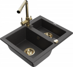 Granitinė virtuvinė plautuvė Mexen Carlos su mai&scaron;ytuvu ir sifonu, Juodas granite+Gold