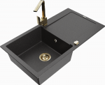 Granitinė virtuvinė plautuvė Mexen Leo su mai&scaron;ytuvu ir sifonu, Juodas granite+Gold