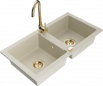 Granitinė virtuvinė plautuvė Mexen Mario su mai&scaron;ytuvu ir sifonu, rusvai gelsvas+Gold
