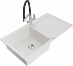 Granitinė virtuvinė plautuvė Mexen Leo su mai&scaron;ytuvu ir sifonu, Baltas+Juodas/Chrome