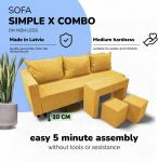 Sofa Meb & Podrez I&scaron;skleidžiamas dvigulės sofos komplektas su staliuku ir pufais Simple X Combo,, Podrez,, geltonos spalvos