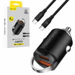 Blavec Automobilinis įkroviklis BS-02B-C Aero - USB + Type C - QC 3.0 18W PD 30W su Type C į Type C kabeliu (CCBS02BCA-UCB) juodos spalvos