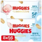 Huggies Pure Extra Care Sensitive kūdikių servetėlės, skirtos visam kūnui, 99% grynas vanduo, be kvapiklių, 8 x 56 servetėlės, mėnesio dėžutė (2 pakuotės)