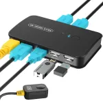 Automagnetola Rybozen 4k Kvm jungiklis Hdmi 2 kompiuteriams, 4k @ 30hz, 3 Usb 2.0, Usb Kvm jungiklis bendrinamas monitorius pelė klaviatūra spausdintuvas skaitytuvas Usb įrenginiai su Hdmi Kvm kabeliu, mėlynas