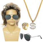 Xnivuis 4 dalių &scaron;ukuosena &bdquo;mullet&ldquo; rinkinys vyrams, perukas, hipių akiniai, karoliai, auksinis žiedas, sintetiniai garbanoti retro vienas dydis karnavalui, cosplay, 80-ųjų teminiai vakarėliai