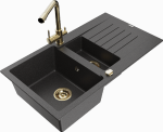 Granitinė virtuvinė plautuvė Mexen Matias su mai&scaron;ytuvu ir sifonu, Juodas granite+Gold