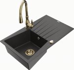Granitinė virtuvinė plautuvė Mexen Cesar su mai&scaron;ytuvu ir sifonu, Juodas granite+Gold