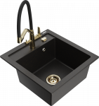 Granitinė virtuvinė plautuvė Mexen Vito su mai&scaron;ytuvu ir sifonu, Metallic juodas/auksinis+Juodas/Gold