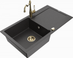 Granitinė virtuvinė plautuvė Mexen Leo su mai&scaron;ytuvu ir sifonu, Juodas granite+Gold