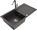 Granitinė virtuvinė plautuvė Mexen Leo su mai&scaron;ytuvu ir sifonu, Juodas granite+Juodas granite/Gold