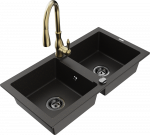 Granitinė virtuvinė plautuvė Mexen Mario su mai&scaron;ytuvu ir sifonu, Metallic juodas/auksinis+Gold