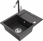 Granitinė virtuvinė plautuvė Mexen Enzo su mai&scaron;ytuvu ir sifonu, Juodas granite+Juodas granite/Chrome